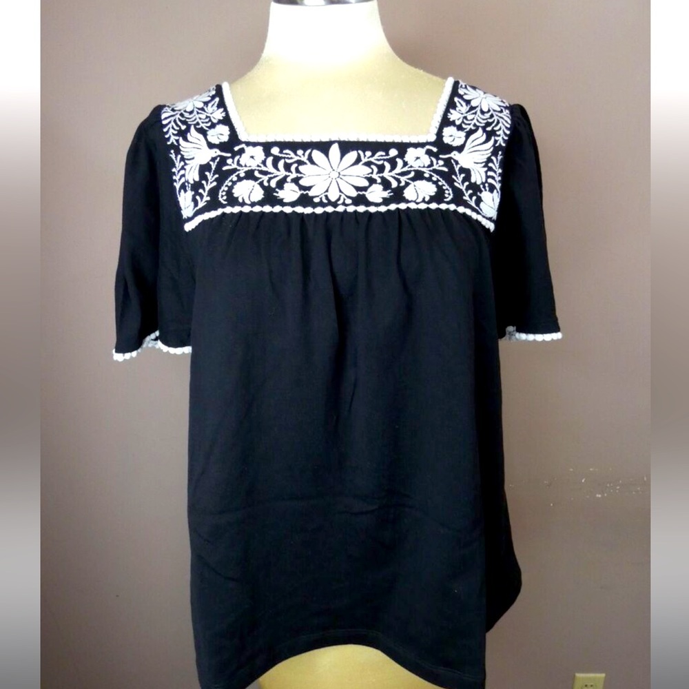 Kate Spade NY Women's L Cotton Embroidered Black White Top Square Neck Pom Pom